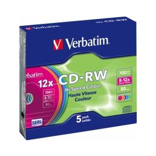 Verbatim Blank CD-RW SERL 700 MB 8x-12X Colour, 5 Pack Slim (43167V)