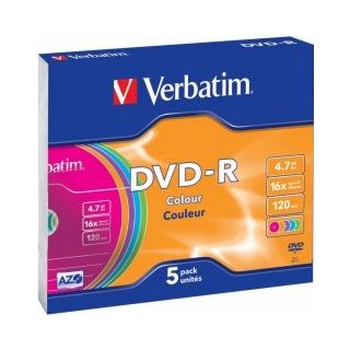Verbatim Blank DVD-R AZO  4.7GB 16x Colour, 5 Pack Slim (43557V)