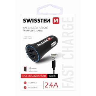Swissten Car charger 12 / 24V / 1A + 2.1A + USB-C Data Cable 1m (SW-CCH-2.4ATYPC-B)
