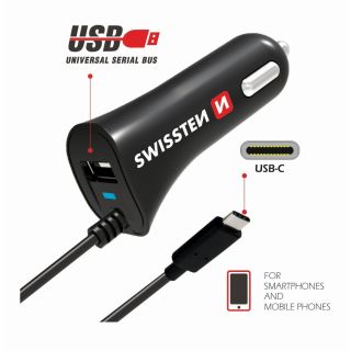 Swissten Premium Car charger 12 / 24V / 2.4A + non-detachable USB-C Data Cable 1m (SW-CCH-2.4ATYPCIN-B)