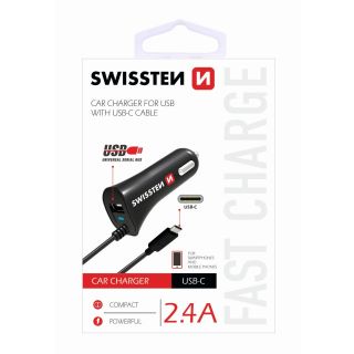 Swissten Premium Car charger 12 / 24V / 2.4A + non-detachable USB-C Data Cable 1m (SW-CCH-2.4ATYPCIN-B)