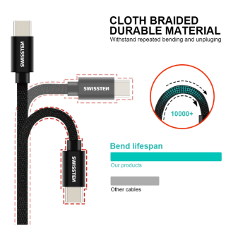 Swissten Textile Universal Quick Charge 3.1 USB-C Data and Charging Cable 20 cm (SW-QU-TYPC-3.1-0.2M-BL)