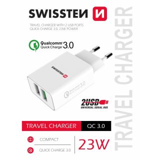 Swissten Premium Travel Charger 2x USB / QC3.0 23W (SW-T-23W-QC30-W)