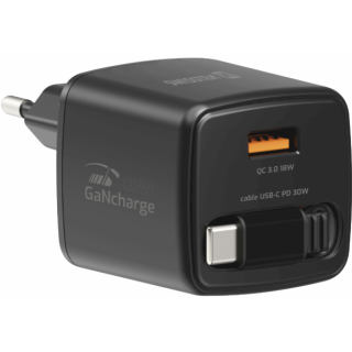 Swissten SlideCHARGE Power Charger GaN 30W USB-A 18W With retractable USB-C cable 0.75m black (22070202)