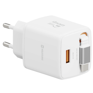 Swissten SlideCHARGE Power Charger GaN 30W USB-A 18W With retractable USB-C cable 0.75m white (22070203)