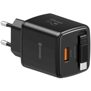 Swissten SlideCHARGE Power Charger GaN 30W USB-A 18W With retractable USB-C cable 0.75m black (22070202)
