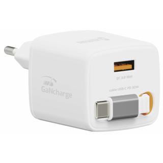 Swissten SlideCHARGE Power Charger GaN 30W USB-A 18W With retractable USB-C cable 0.75m white (22070203)