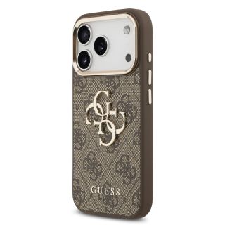 Guess PU Leather 4G Metal Logo Gold Frame Case for iPhone 17 Pro / Brown (GUHCP17L4GMGCBR)