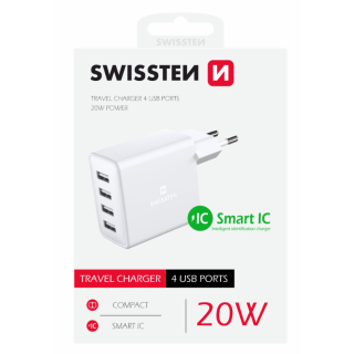 Swissten Smart IC Premium Travel Charger 4 x USB 4A / 20W With Automatic Optimal Power Charging (22053100)