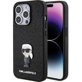 Karl Lagerfeld Fixed Glitter Ikonik Logo Metal Pin Back Case for Apple iPhone 15 Pro Max (KLHCP15XGKNPSK)