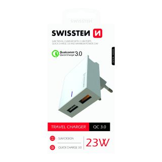 Swissten Premium Travel Charger 2X USB QC3.0 23W (SW-DET-23W-QC30-WH)