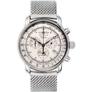 Zeppelin 100 Jahre Quartz Chronograph Men’s Watch 42mm Silver Dial Stainless Steel Mesh Bracelet (7680M-1)
