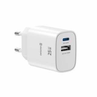 Swissten Edge Travel Charger USB-C PD 25W + USB-A QC 18W White (22071715)