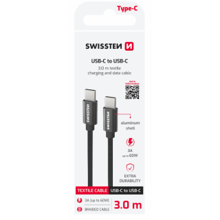 Swissten Textile Universal Quick Charge 3.1 USB-C / USB-C Data and Charging Cable 3m black (71527210)