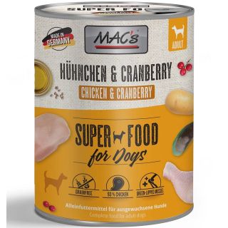 MAC's konserv koerale KANALIHA (93%) ja JÕHVIKATEGA teraviljavaba (Superfood MAC's Dog Chicken & Cranberry) 800gr