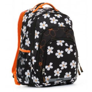 Seljakott/koolikott Explore 2-ühes Bar valged lootusõied mustal taustal